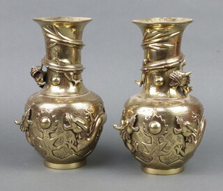 A pair of Japanese polished bronze club shaped vases with dragon decoration, base with seal mark 26cm x 10cm 