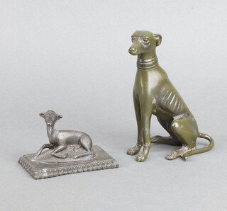 A Victorian bronze paperweight in the form of a seated lamb, raised on a rectangular base 6cm x 8cm x 5cm and a bronze figure of a greyhound 15cm x 10cm x 6cm 