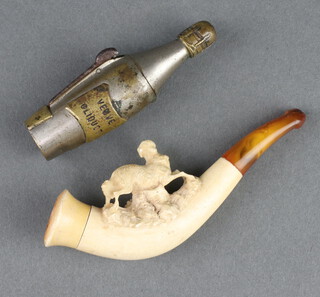 An Austrian novelty cigar cutter in the form of a champagne bottle marked Veuve Clicquot 13cm together with a carved Meerschaum cheroot holder decorated a dog with amber mouthpiece 10cm  

