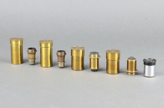Ross of London, a 2" multiscope objective and ditto 1" in a brass cylindrical cases, a Physiol 53 X10 ditto and 2 V Watson and Sons 1/6" lenses 