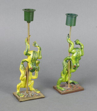 A pair of Becara bronze cold painted candlesticks in the form of toads 21cm x 7cm x 5cm  