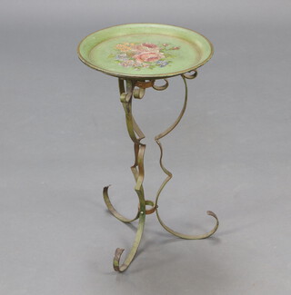 A 1930's Toleware style green painted wrought iron occasional table with detachable tray 50cm x 30cm 