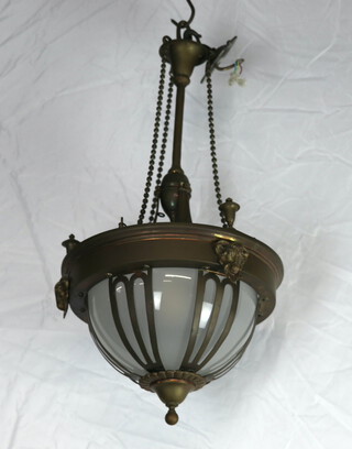 An Adams and Edwardian style copper and opaque glass light fitting with rams mask decoration to the side 60cm h x 29cm 