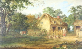 19th Century oil on canvas unsigned, study of a thatched cottage with cow and figure by a fence with chickens 31cm x 53cm 