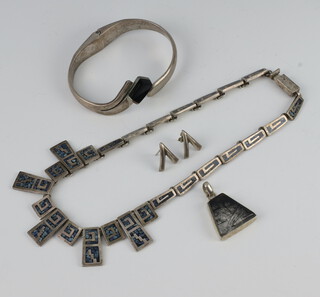 A white metal bracelet, a Mexican 925 and enamelled necklet, a ditto pendant and ear studs 