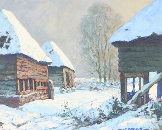 Mac Bruce, oil on board signed, farm buildings in winter landscape 40cm x 50cm 