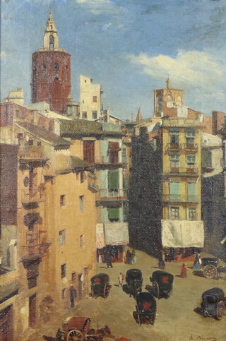 Miguel Pineda Monton, active 1880-1890, oil on canvas, study of a square in Valencia, Spain 48cm x 32cm 