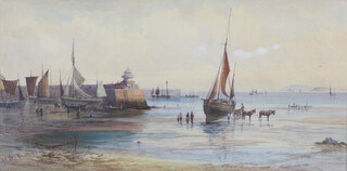 John Clarke Uren (1845-1932), a watercolour study Cornish harbour with beached fishing boats, signed, 24cm x 49cm 