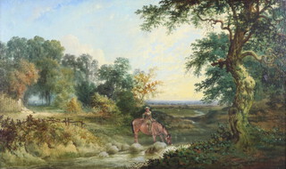 19th Century oil on canvas, rural scene with figure watering a horse, 31cm x 53cm 