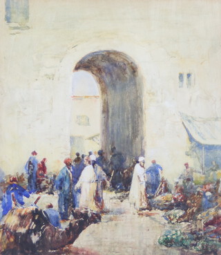 A 19th/20th Century watercolour, unsigned, Persian? market scene with figures before an arch 32cm x 28cm 