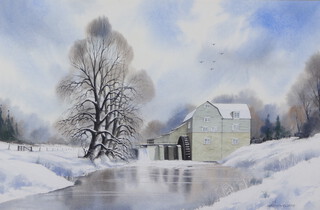 N Hinchcliffe, watercolour, snowy landscape with watermill 35cm x 54cm, signed to bottom right corner, reverse with Fraser Gallery label 