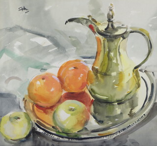 Aubrey Sykes 1910-1995, still life study of a Turkish coffee pot, oranges and a tray 47cm x 51cm, signed to top left hand corner  