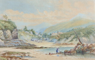 Philip Michell 1814-1896, watercolour, figure shrimping and beached fishing boats, buildings and cove in distance 32cm x 50cm 
