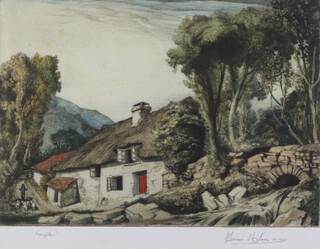 Edward Bouverie Hoyton RA FRSA, (1900-1988), aquatint etching, thatched country cottage with bridge and stream 25cm x 35cm, signed to bottom right corner