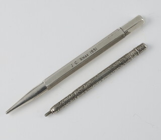 A silver propelling pencil in a hexagonal case and a Morden & Co propelling pencil 