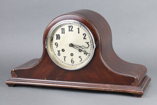 A 1930's chiming mantel clock the 15cm silvered dial with Arabic numerals contained in a mahogany admiral's hat shaped case raised on bracket feet complete with pendulum, no key, 27cm h x 48cm w x 17cm d  