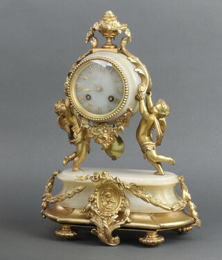 Japy Freres, a 19th Century French 8 day striking timepiece with Roman numerals contained in white marble and gilt mounted case with gilt swags supported by 2 cherubs, the back plate marked 48470 Japy Freres 38cm h x 25cm w x 14cm d, complete with pendulum and key  
