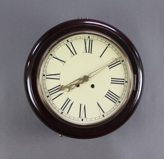 A Continental alarm wall clock, striking on a gong, 24cm circular dial and Arabic numerals, contained in a mahogany case, complete with pendulum and key 14cm h x 34cm diam. 