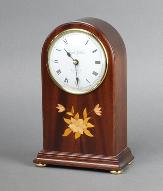 Knight and Gibbs, a Victorian style battery operated bedroom timepiece with 8cm enamelled dial, Roman numerals, contained in an inlaid mahogany case 23cm x 14cm x 7cm  