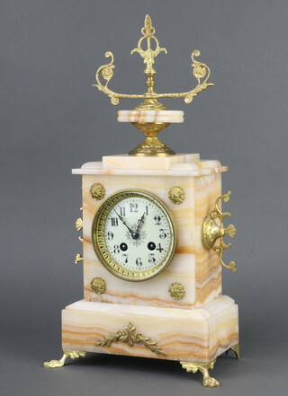 Japy Freres, a French 19th Century 8 day striking on bell mantel clock, the 9cm enamelled dial with Roman numerals, contained in a white veined marble case with gilt metal mounts, surmounted by a lidded urn, the back plated marked Japy Freres 38327, complete with pendulum and key  44cm x 22cm x 14cm 