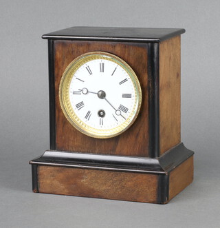 A 19th Century timepiece with 8cm enamelled dial, Roman numerals, contained in a walnut and ebonised case complete with pendulum, back plate marked 37773, no key 18cm h x 16cm w x 10cm d 