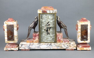 Lardot Boyon, an Art Deco clock garniture comprising a 4 glass French mantel clock with marble surround, the back plated marked 30942 striking on bell, the rectangular marble effect dial with Arabic numerals the marble case supported by 2 bronze figures of pheasants marked I Rochard 38cm h x 47cm w x 12cm d together with 2 twin handled side urns 28cm x 11cm x 9cm  (no key)