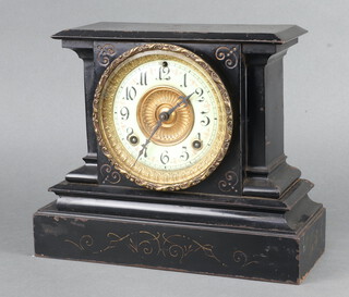An Ansonia American 19th Century 8 day striking mantel clock with enamelled dial and Arabic numerals contained in an iron case complete with pendulum, no key 24cm x 29cm x 12cm 