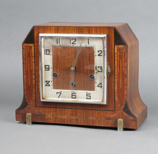 An Art Deco chiming mantel clock with square silvered dial and Arabic numerals contained in a walnut case complete with pendulum and key 22cm x 28cm x 11cm 
