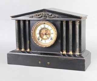 An Ansonia American 19th Century 8 day mantel clock with enamelled dial, Roman numerals and visible escapement, contained in an iron architectural case 30cm x 41cm x 14cm (no pendulum or key)