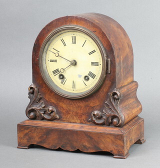 A 19th Century French striking mantel clock with 13cm painted dial, Roman numerals, contained in a walnut arch shaped case 29cm x 24cm x 14cm d, complete with pendulum (no key)