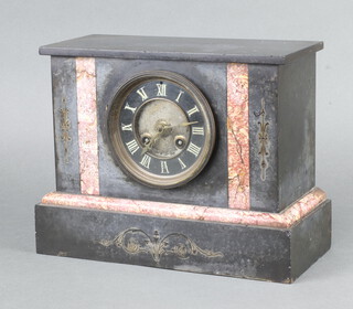 A 19th Century French 8 day mantel clock with Roman numerals, contained in a marble twin colour architectural case 22cm h x 28cm w x 13cm d, complete with pendulum, no bell, or key 