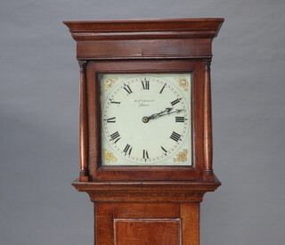 William Attwood of Lewes, an 18th Century 30 hour striking on bell longcase clock, with birdcage movement, the 28cm dial marked William Attwood Lewes, with gilt painted spandrels, Roman numerals, complete with pendulum and weight, contained an oak case 197cm h   