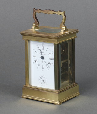 A 20th Century 8 day carriage alarm clock, the enamelled dial with Roman numerals marked Rappost Fondee En 1900, 12cm h x 8cm w x 6.5cm d (complete with key) 