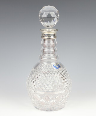 A cut glass mallet shaped decanter and stopper with silver collar, Birmingham 1994, 29cm 