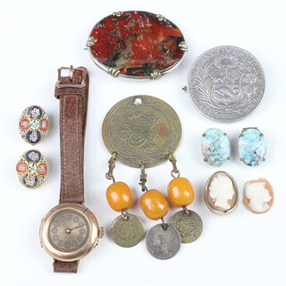 A Republic of Lima 1895 coin mounted as a brooch pendant, 2 small cameos (1f), a pair of micro mosaic earrings, pair of blue hardstone earrings, an agate brooch and a lady's wristwatch contained in a 9ct gold case 