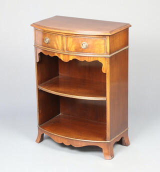 A Georgian style bow front bookcase, the upper section fitted 2 drawers with ring drop handles above 2 shelves, raised on bracket feet 77cm h x 54cm w x 33cm d 