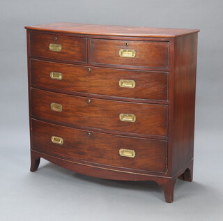 A 19th Century mahogany bow front chest with replacement brass countersunk handles, fitted 2 short and 3 long drawers raised on splayed bracket feet 116cm h x 123cm w x 55cm d 