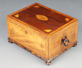 A 19th Century inlaid and crossbanded mahogany twin handled trinket box with hinged lid, the leather interior marked Ann Turner, raised on bun feet 19cm h x 34cm w x 25cm d 