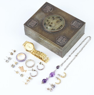 A Chinese polished metal box containing a lady's Seiko wristwatch in a gilt case and minor items of costume jewellery
