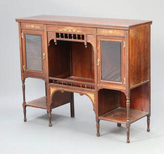 A Victorian inlaid rosewood sideboard fitted a recess flanked by cupboards enclosed by glazed panelled doors, with bobbin turned decoration 99cm h x 122cm w x 39cm d 