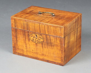 A 19th Century rectangular inlaid and crossbanded mahogany box, fitted as a stationery box with brass swan neck handle to the top 17cm h x 25cm w x 17cm d 
