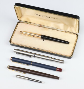 A Waterman fountain pen with 15ct gold nib, a Parker fountain pen in a chrome case and 2 unmarked fountain pens