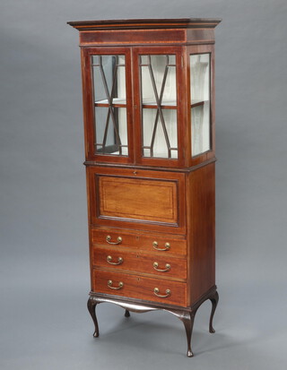 An Edwardian inlaid mahogany secretaire display cabinet, the upper section with moulded cornice, fitted shelves enclosed by astragal glazed panelled door, the secretaire fall revealing a well fitted interior above 3 drawers with brass escutcheons and swan neck drop handles 177cm h x 71cm w x 40cm d 