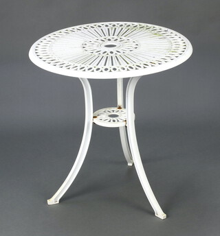 A circular white painted aluminium 2 tier garden table raised on out swept supports 64cm h x 63cm diam. 