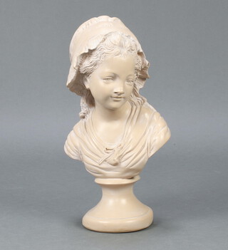 A Victorian style head and shoulders resin portrait bust of a young girl raised on a circular base 47cm h x 14cm diam.