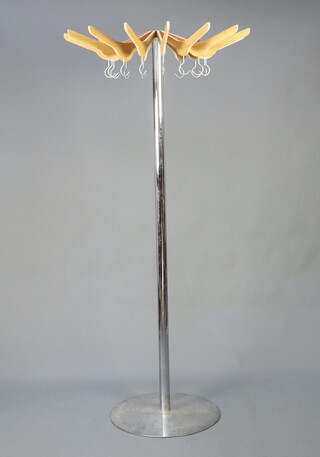 Materia, a teak and chrome hat and coat stand with coat hanger hooks "Hanger" designed by Front, 186cm h x 85cm diam.