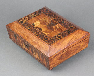 A 19th Century Tunbridge Ware style rectangular trinket box with hinged lid, the top inlaid geometric patterns, raised on turned supports 8cm h x 20cm w x 16cm d 