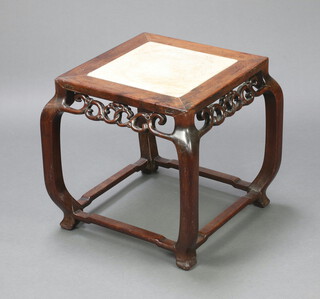 A 19th Century square Chinese pierced hardwood jardiniere stand with white veined marble top, raised on outswept supports 50cm h x 47cm w x 47cm d  