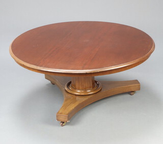 A William IV circular mahogany breakfast table raised on chamfered column and triform base (cut down for use as a coffee table) 46cm h x 99cm diam. 