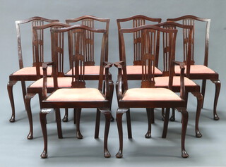 A set of 8 Edwardian Hepplewhite style mahogany slat back dining chairs with pierced slat backs and upholstered drop in seats, raised on cabriole supports - 2 carvers 99cm h x 51cm w x 46cm d, 6 standard chairs 95cm h x 45cm w x 43cm d  